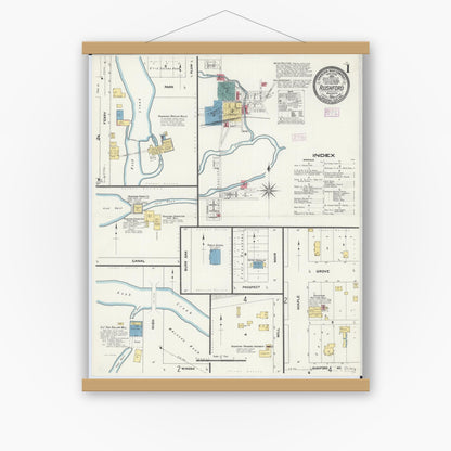 Old map wall art mockup — magnetic wood frame on white wall — Sanborn Fire Insurance Map from Rushford, Fillmore County, Minnesota (1909) - Complete Map Set