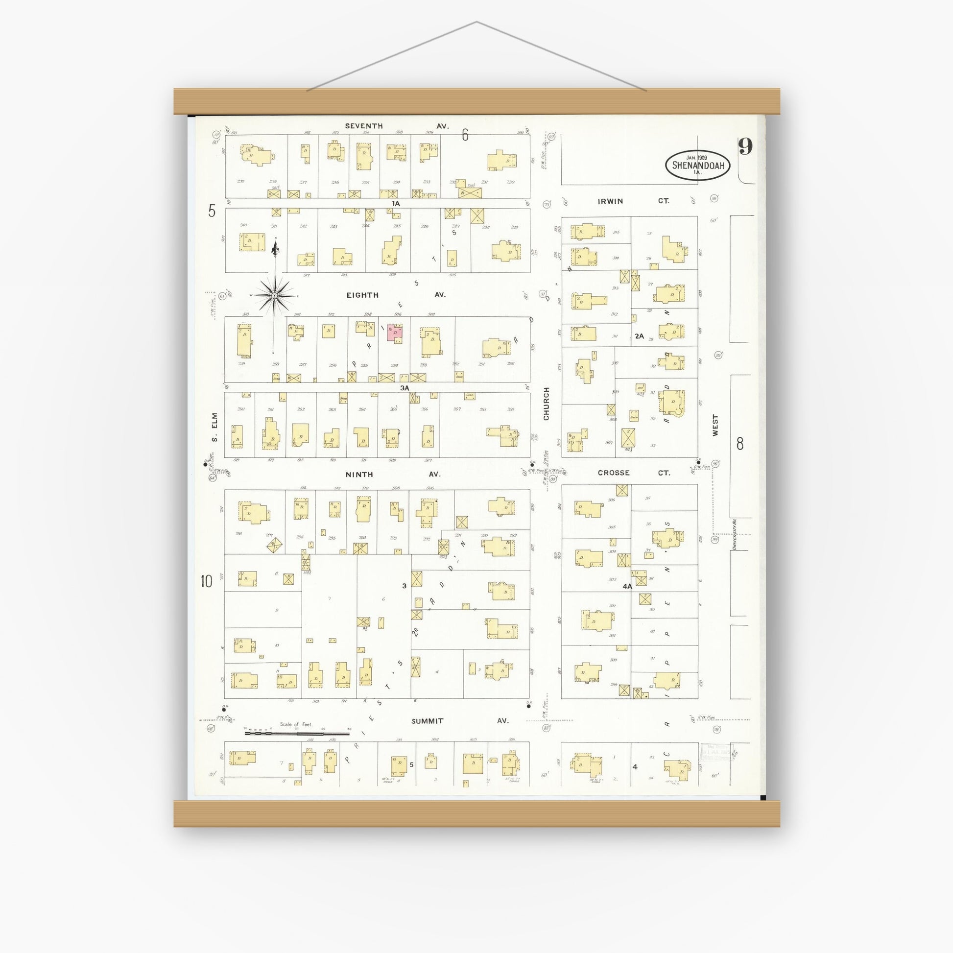 Old map wall art mockup — magnetic wood frame on white wall — Sanborn Fire Insurance Map from Shenandoah, Page County, Iowa (1909), Sheet #0009