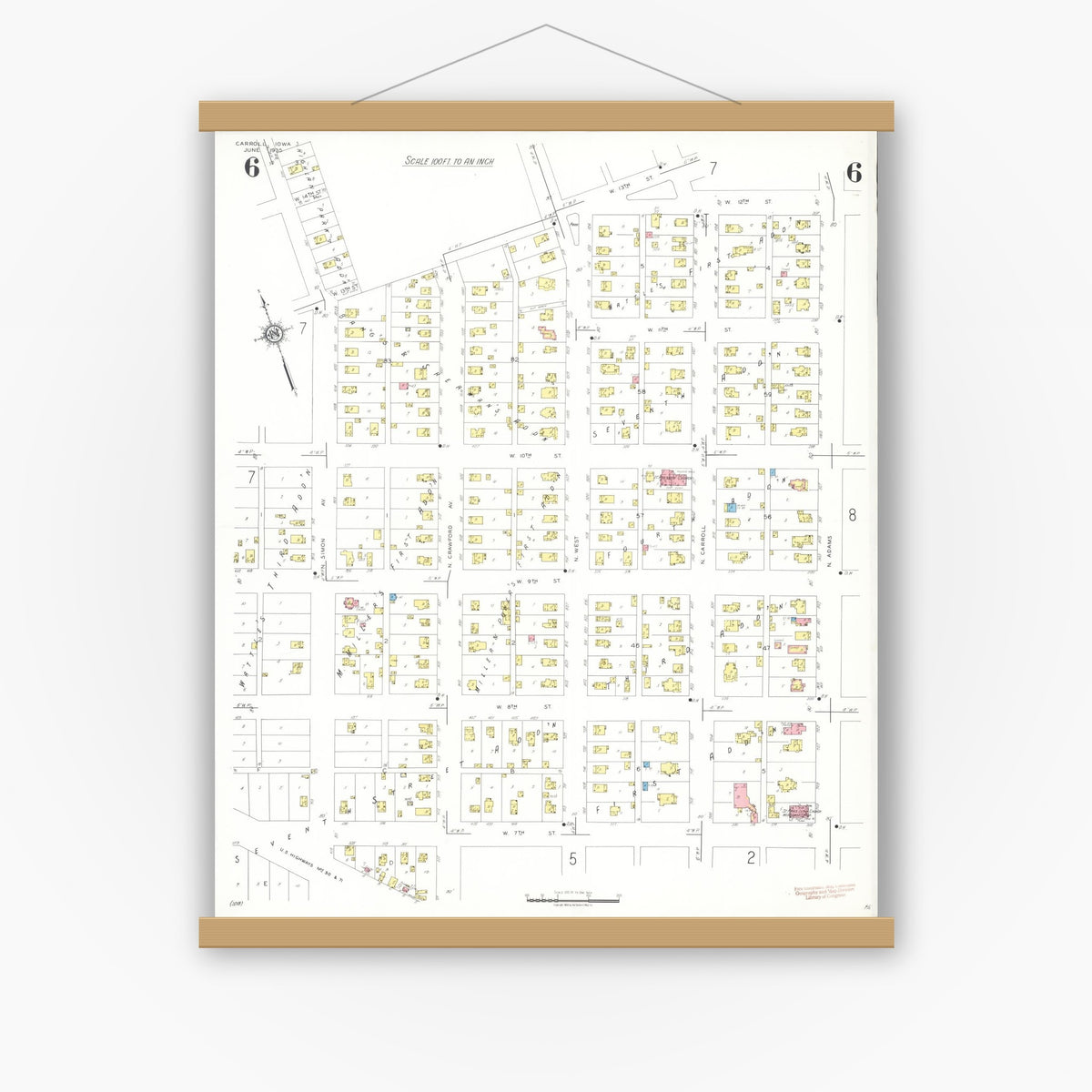 Old map wall art mockup — magnetic wood frame on white wall — Sanborn Fire Insurance Map from Carroll, Carroll County, Iowa (1935), Sheet #0006