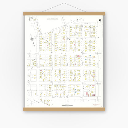 Old map wall art mockup — magnetic wood frame on white wall — Sanborn Fire Insurance Map from Carroll, Carroll County, Iowa (1935), Sheet #0006