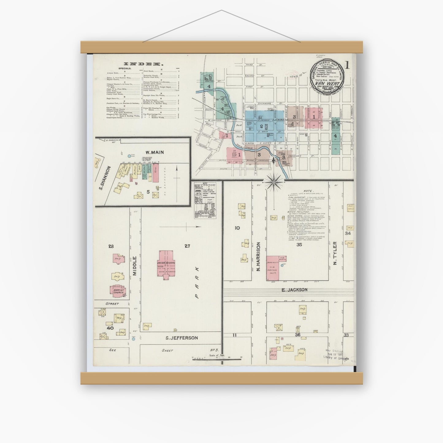 Old map wall art mockup — magnetic wood frame on white wall — Sanborn Fire Insurance Map from Van Wert, Van Wert County, Ohio (1890) - Complete Map Set