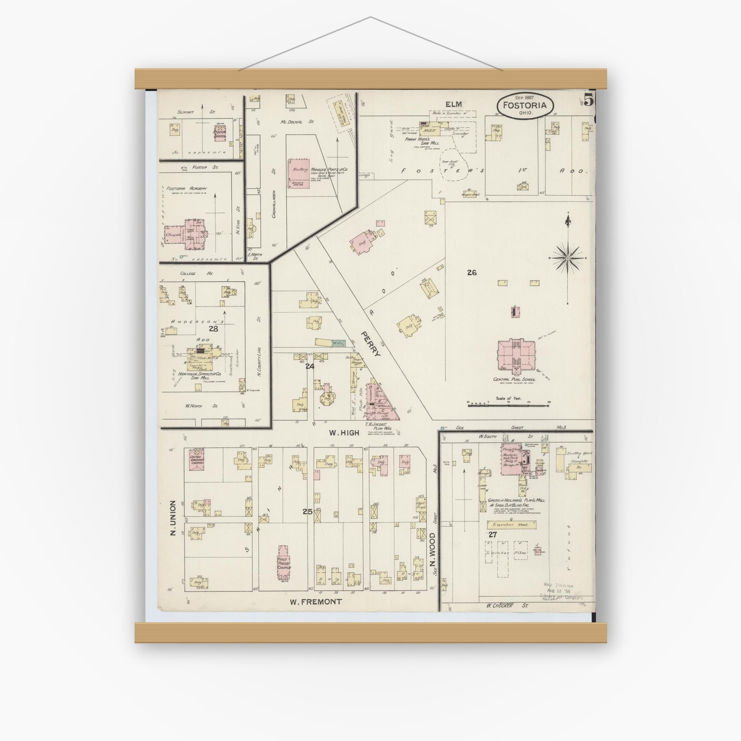 Old map wall art mockup — magnetic wood frame on white wall — Sanborn Fire Insurance Map from Fostoria, Seneca, Hancock, And Wood Counties, Ohio (1887), Sheet #0005