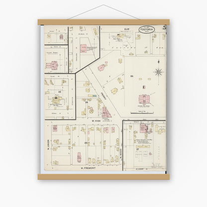 Old map wall art mockup — magnetic wood frame on white wall — Sanborn Fire Insurance Map from Fostoria, Seneca, Hancock, And Wood Counties, Ohio (1887), Sheet #0005
