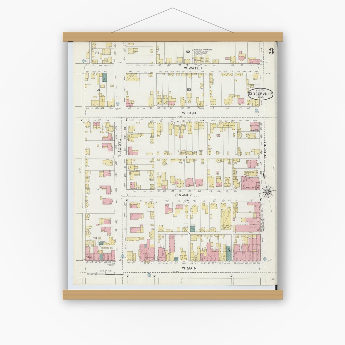 Old map wall art mockup — magnetic wood frame on white wall — Sanborn Fire Insurance Map from Circleville, Pickaway County, Ohio (1893), Sheet #0003