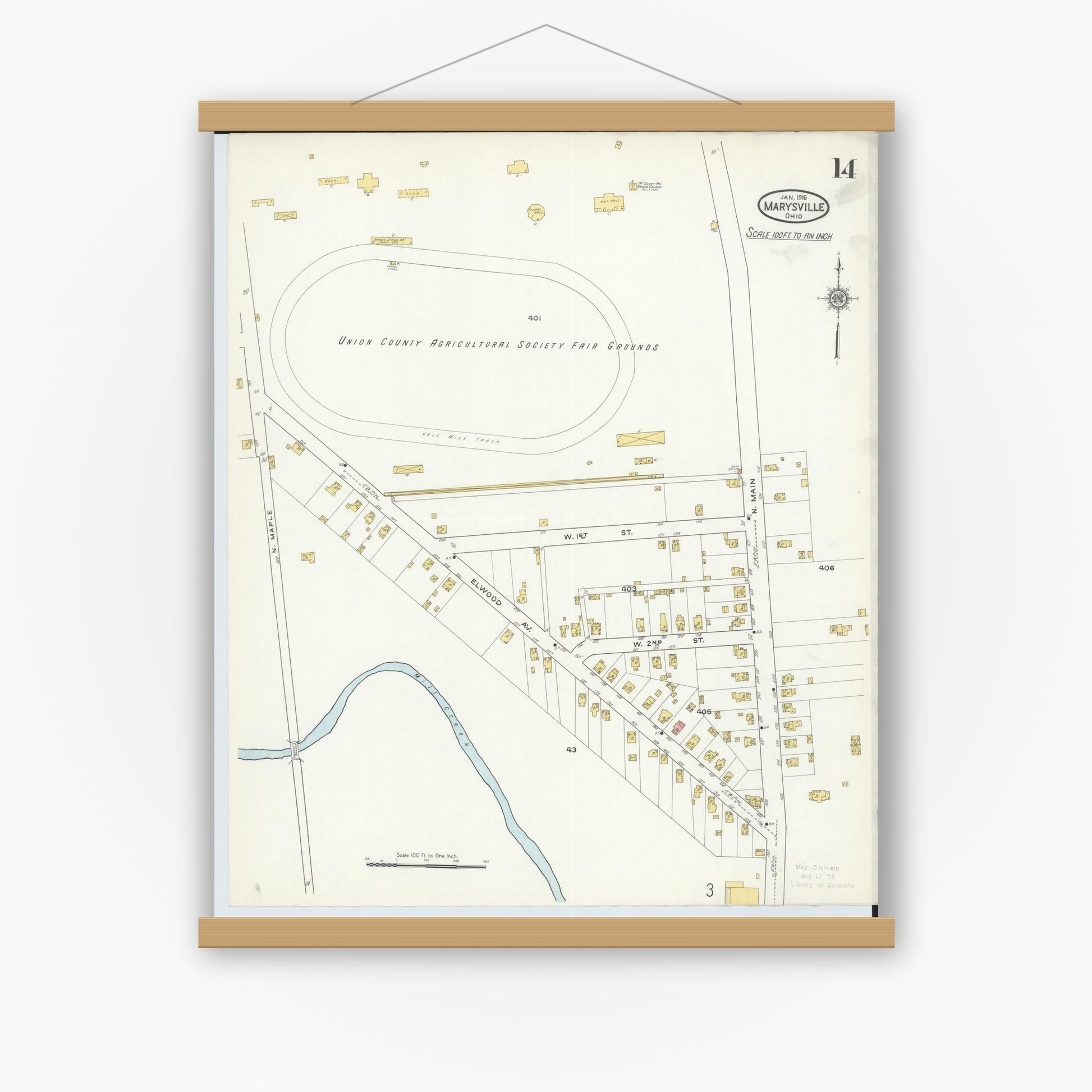 Old map wall art mockup — magnetic wood frame on white wall — Sanborn Fire Insurance Map from Marysville, Union County, Ohio (1916), Sheet #0014