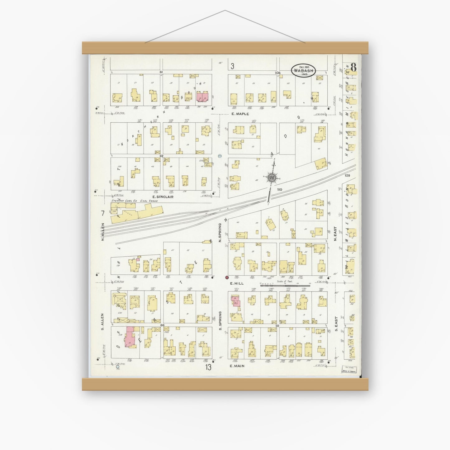 Old map wall art mockup — magnetic wood frame on white wall — Sanborn Fire Insurance Map from Wabash, Wabash County, Indiana (1910), Sheet #0008