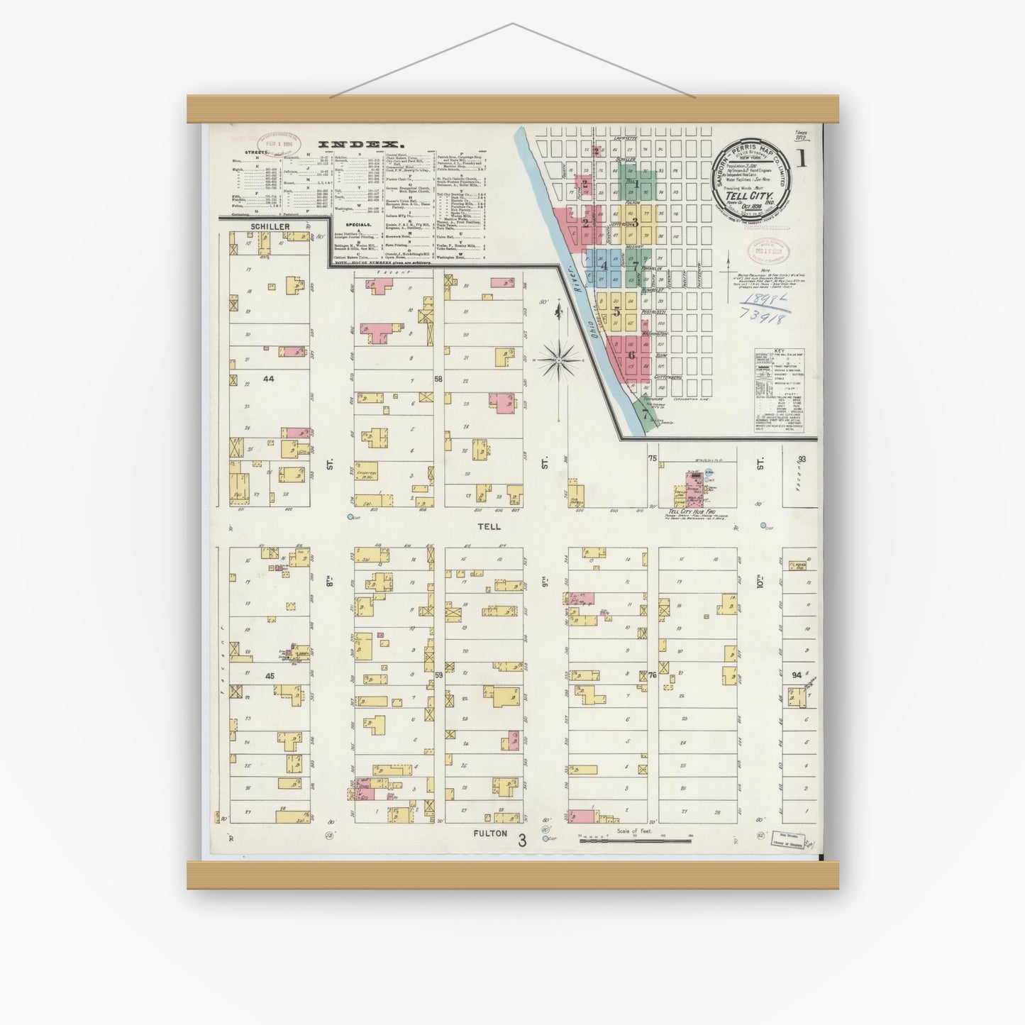 Old map wall art mockup — magnetic wood frame on white wall — Sanborn Fire Insurance Map from Tell City, Perry County, Indiana (1898) - Complete Map Set