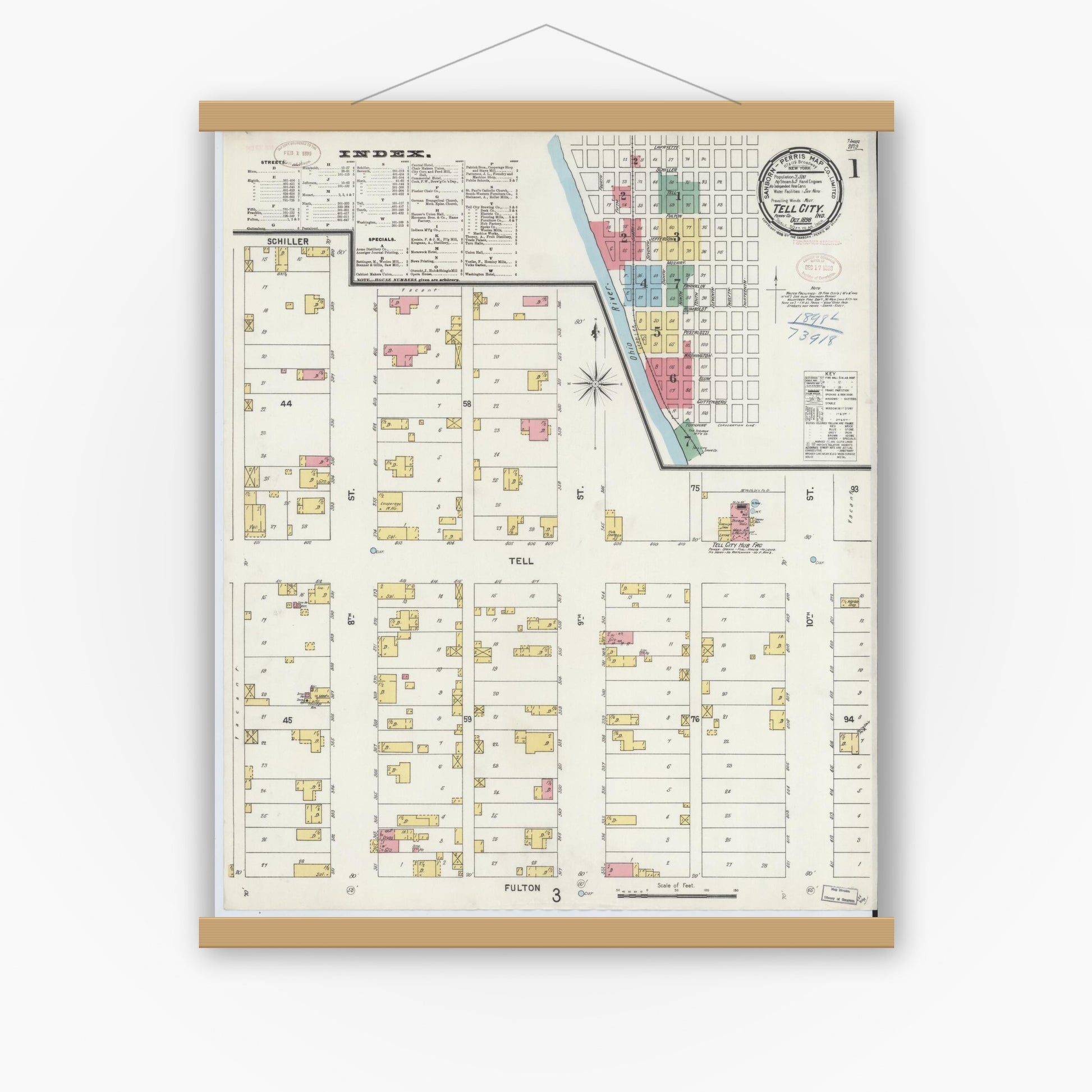Old map wall art mockup — magnetic wood frame on white wall — Sanborn Fire Insurance Map from Tell City, Perry County, Indiana (1898) - Complete Map Set