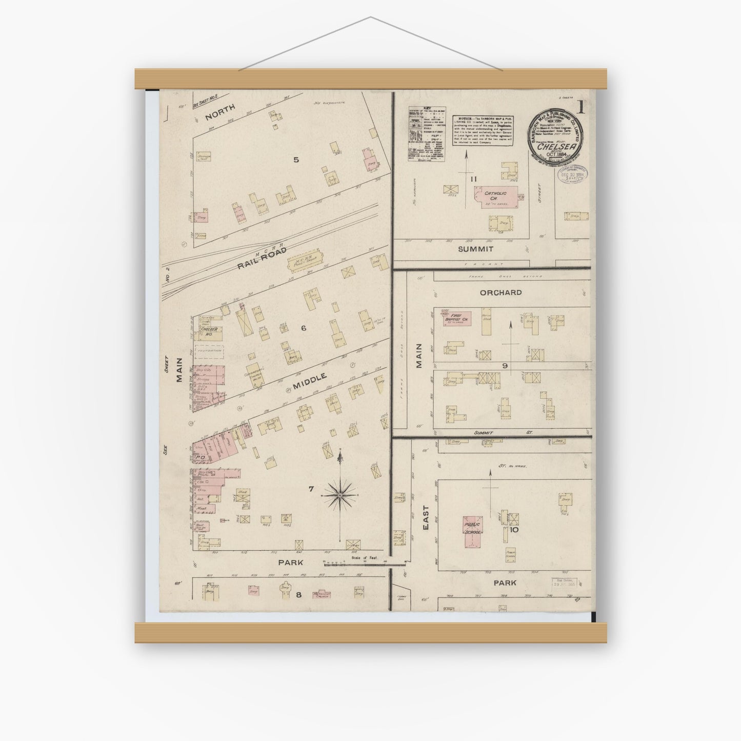 Old map wall art mockup — magnetic wood frame on white wall — Sanborn Fire Insurance Map from Chelsea, Washtenaw County, Michigan (1884) - Complete Map Set