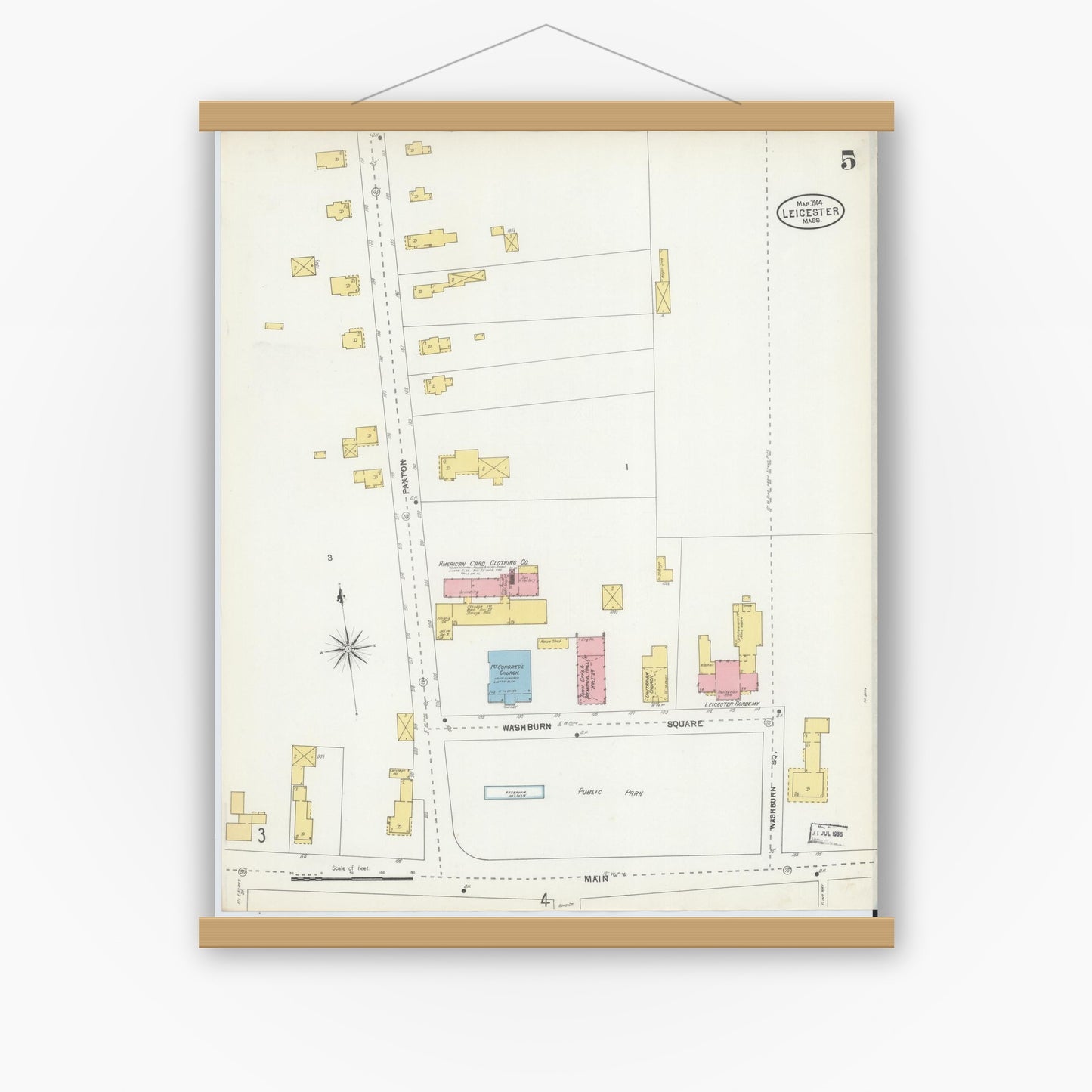 Old map wall art mockup — magnetic wood frame on white wall — Sanborn Fire Insurance Map from Leicester, Worcester County, Massachusetts (1904), Sheet #0005