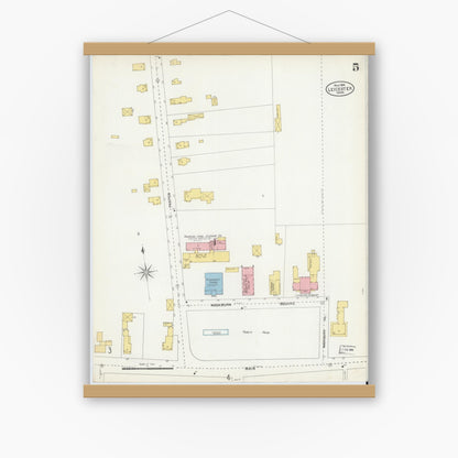 Old map wall art mockup — magnetic wood frame on white wall — Sanborn Fire Insurance Map from Leicester, Worcester County, Massachusetts (1904), Sheet #0005