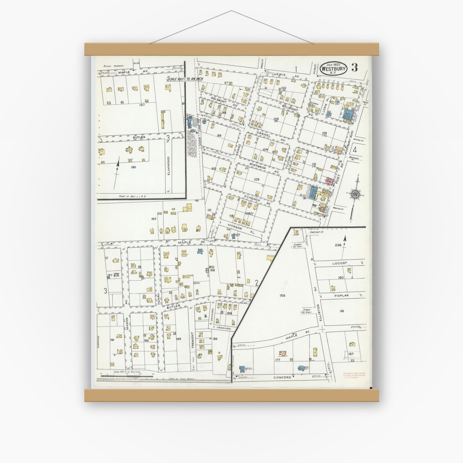 Old map wall art mockup — magnetic wood frame on white wall — Sanborn Fire Insurance Map from Westbury, Nassau County, New York (1920), Sheet #0003