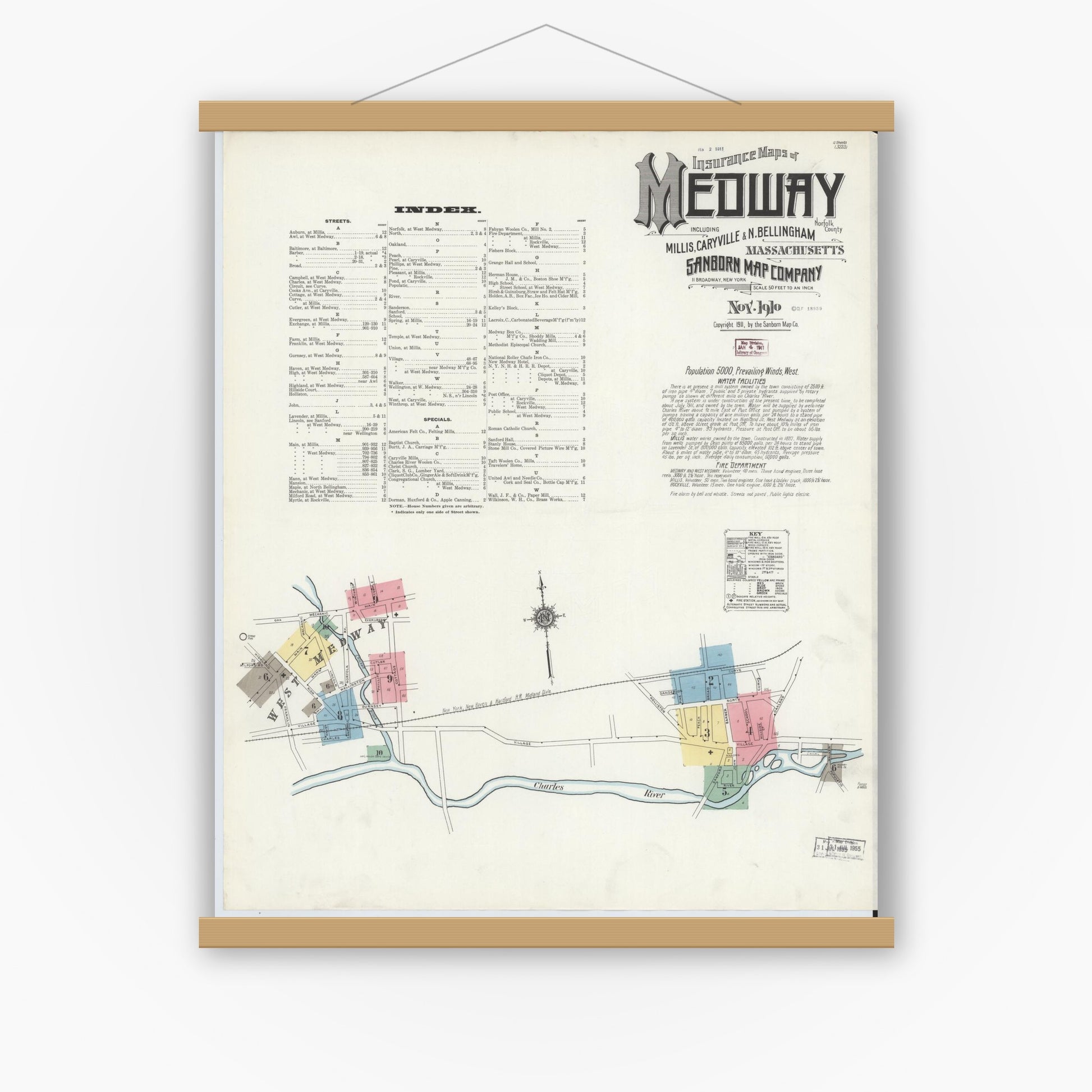 Old map wall art mockup — magnetic wood frame on white wall — Sanborn Fire Insurance Map from Medway, Norfolk County, Massachusetts (1910) - Complete Map Set