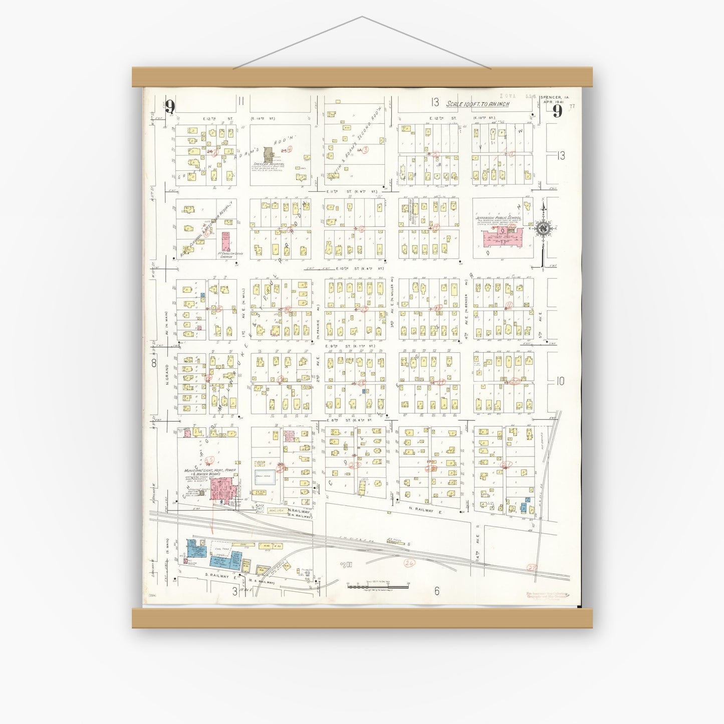 Old map wall art mockup — magnetic wood frame on white wall — Sanborn Fire Insurance Map from Spencer, Clay County, Iowa (1946), Sheet #0009