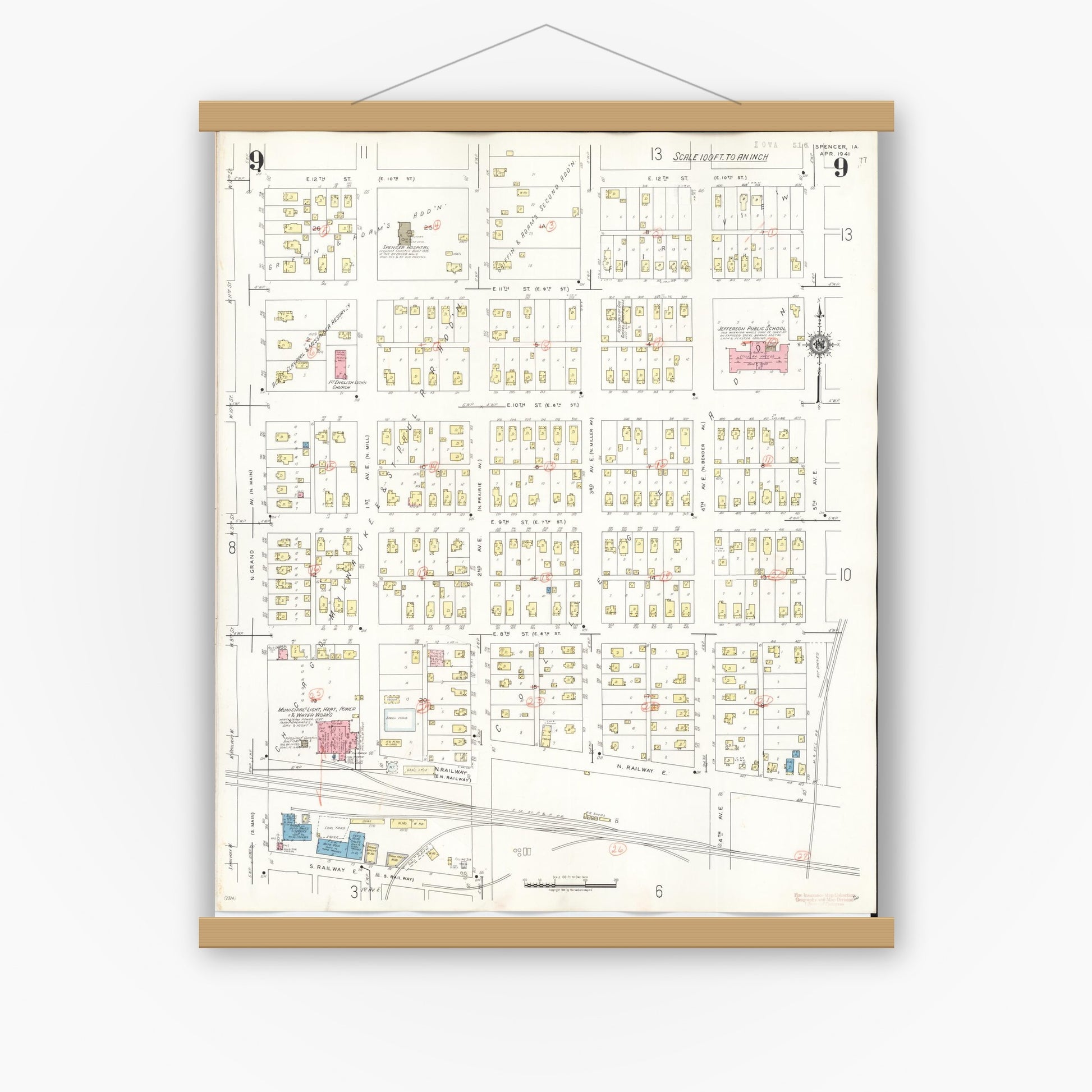 Old map wall art mockup — magnetic wood frame on white wall — Sanborn Fire Insurance Map from Spencer, Clay County, Iowa (1946), Sheet #0009