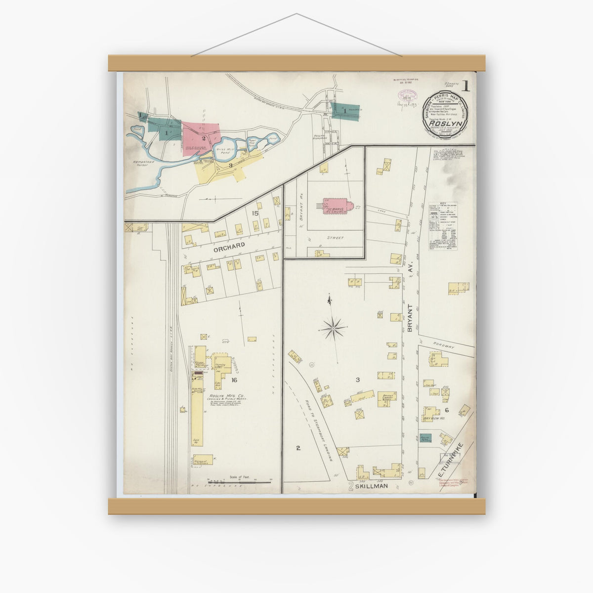 Old map wall art mockup — magnetic wood frame on white wall — Sanborn Fire Insurance Map from Roslyn, Nassau County, New York (1893) - Complete Map Set