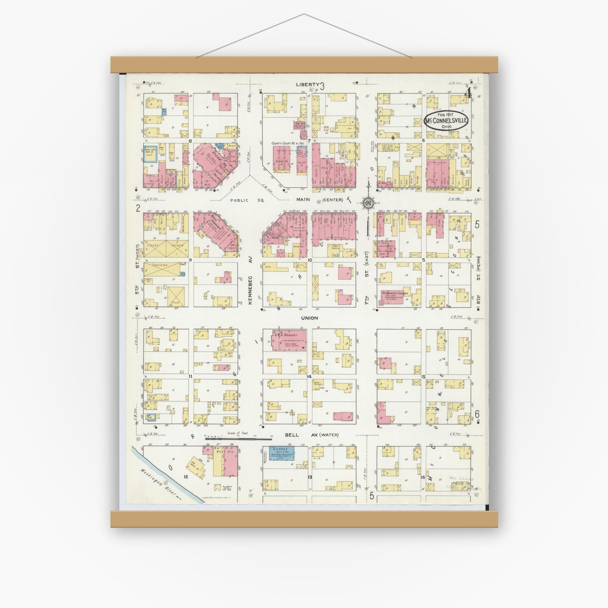 Old map wall art mockup — magnetic wood frame on white wall — Sanborn Fire Insurance Map from McConnelsville, Morgan County, Ohio (1917), Sheet #0004