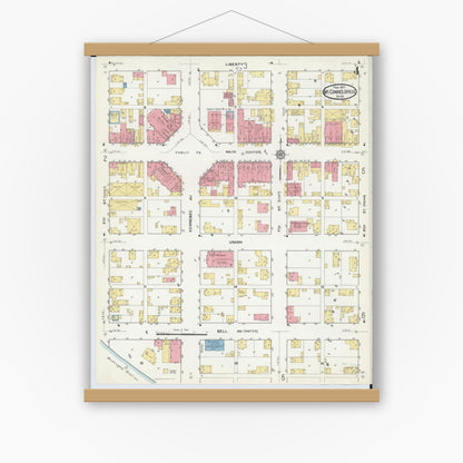 Old map wall art mockup — magnetic wood frame on white wall — Sanborn Fire Insurance Map from McConnelsville, Morgan County, Ohio (1917), Sheet #0004