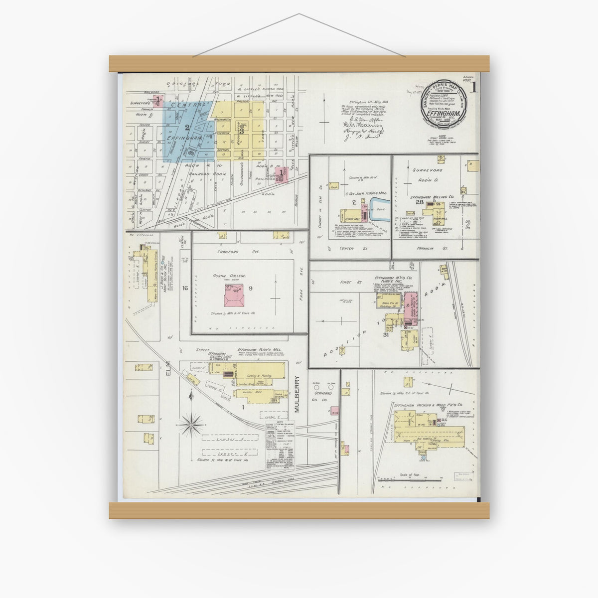 Old map wall art mockup — magnetic wood frame on white wall — Sanborn Fire Insurance Map from Effingham, Effingham County, Illinois (1893) - Complete Map Set