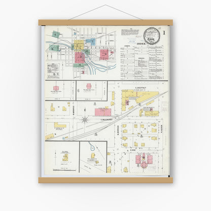 Old map wall art mockup — magnetic wood frame on white wall — Sanborn Fire Insurance Map from Albion, Calhoun County, Michigan (1900) - Complete Map Set