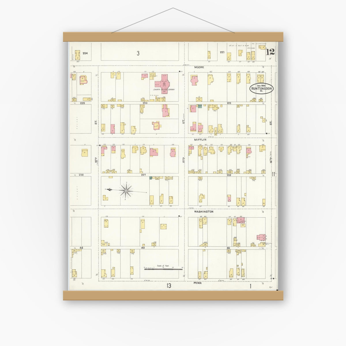 Old map wall art mockup — magnetic wood frame on white wall — Sanborn Fire Insurance Map from Huntingdon, Huntingdon County, Pennsylvania (1906), Sheet #0012