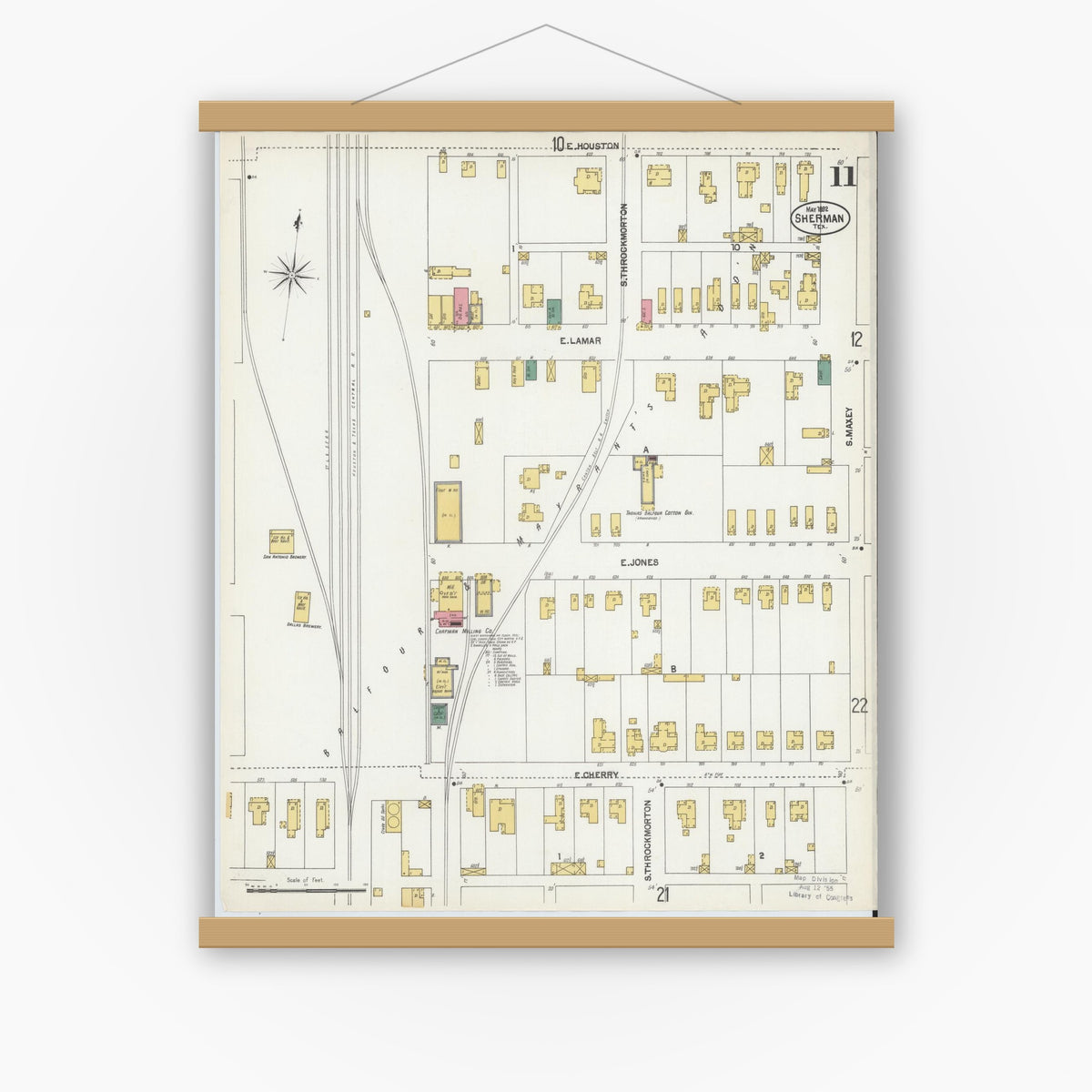 Old map wall art mockup — magnetic wood frame on white wall — Sanborn Fire Insurance Map from Sherman, Grayson County, Texas (1902), Sheet #0011