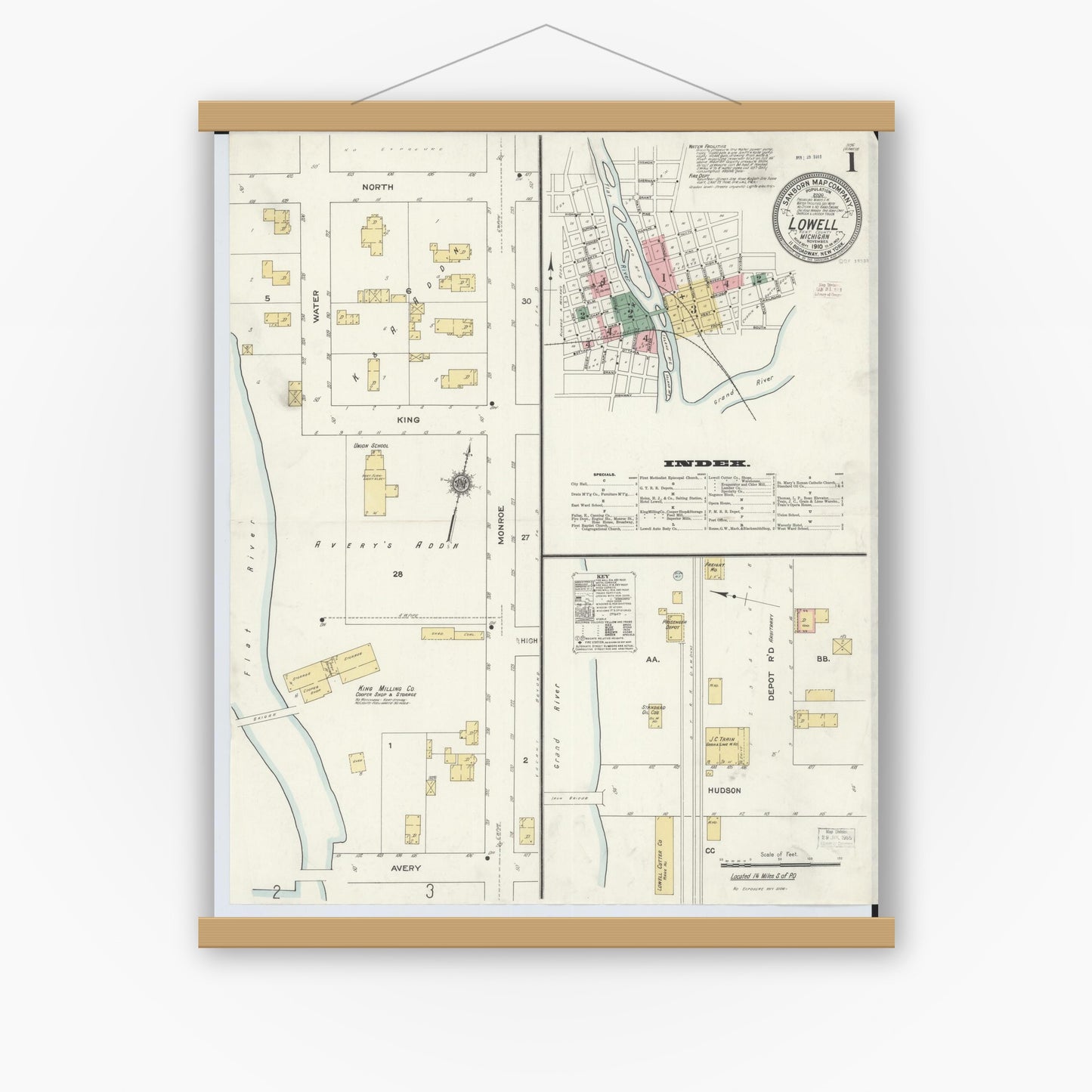 Old map wall art mockup — magnetic wood frame on white wall — Sanborn Fire Insurance Map from Lowell, Kent County, Michigan (1910) - Complete Map Set