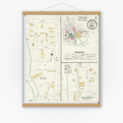 Old map wall art mockup — magnetic wood frame on white wall — Sanborn Fire Insurance Map from Lowell, Kent County, Michigan (1910) - Complete Map Set