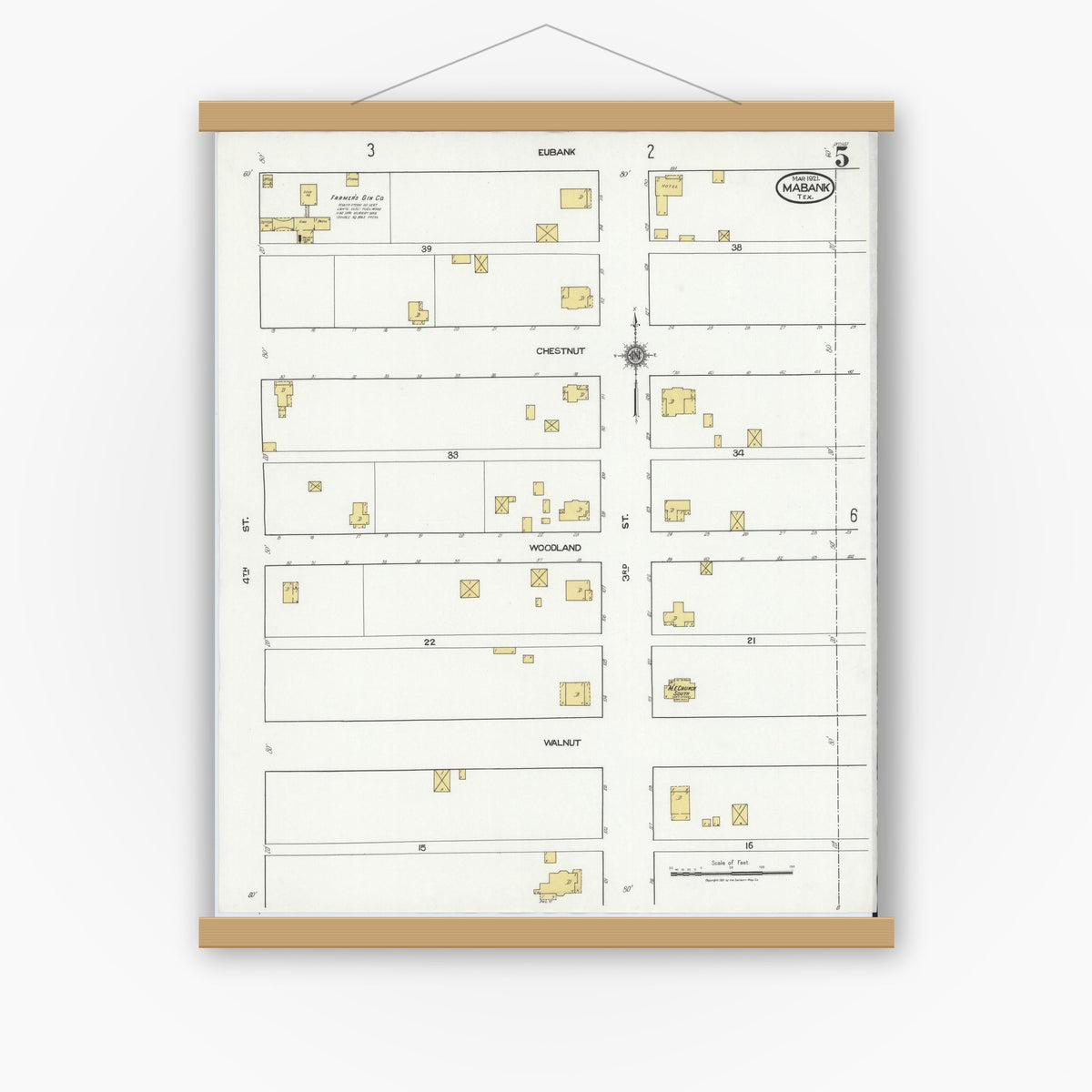 Old map wall art mockup — magnetic wood frame on white wall — Sanborn Fire Insurance Map from Mabank, Kaufman County, Texas (1921), Sheet #0005