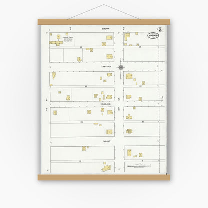 Old map wall art mockup — magnetic wood frame on white wall — Sanborn Fire Insurance Map from Mabank, Kaufman County, Texas (1921), Sheet #0005