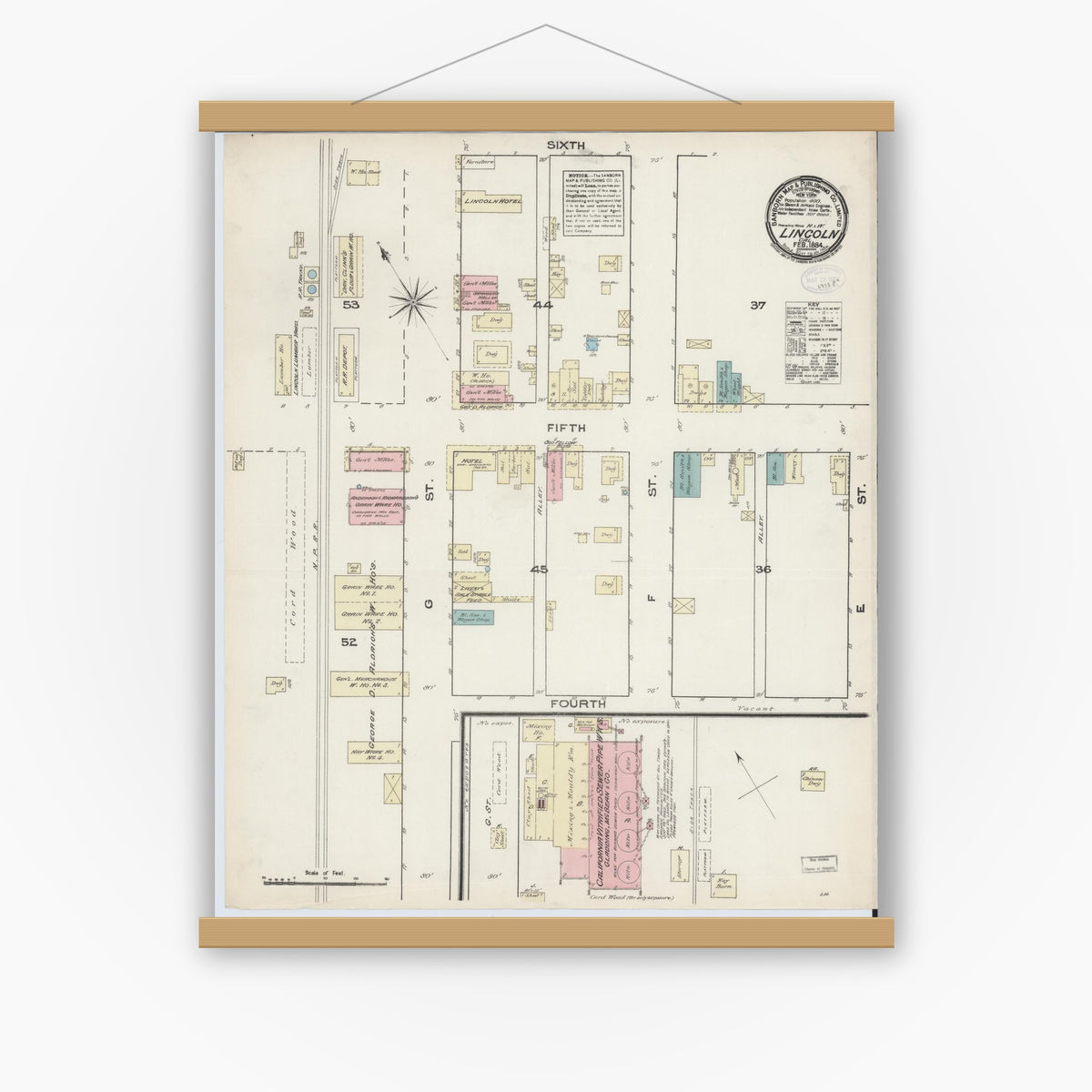 Old map wall art mockup — magnetic wood frame on white wall — Sanborn Fire Insurance Map from Lincoln, Placer County, California (1884), Sheet #0001