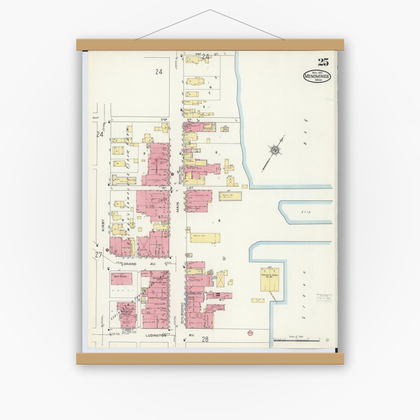 Old map wall art mockup — magnetic wood frame on white wall — Sanborn Fire Insurance Map from Menominee, Menominee County, Michigan (1913), Sheet #0025