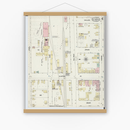 Old map wall art mockup — magnetic wood frame on white wall — Sanborn Fire Insurance Map from Saint Johns, Clinton County, Michigan (1890), Sheet #0004