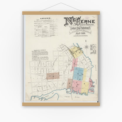 Old map wall art mockup — magnetic wood frame on white wall — Sanborn Fire Insurance Map from New Bern, Craven County, North Carolina (1888) - Complete Map Set