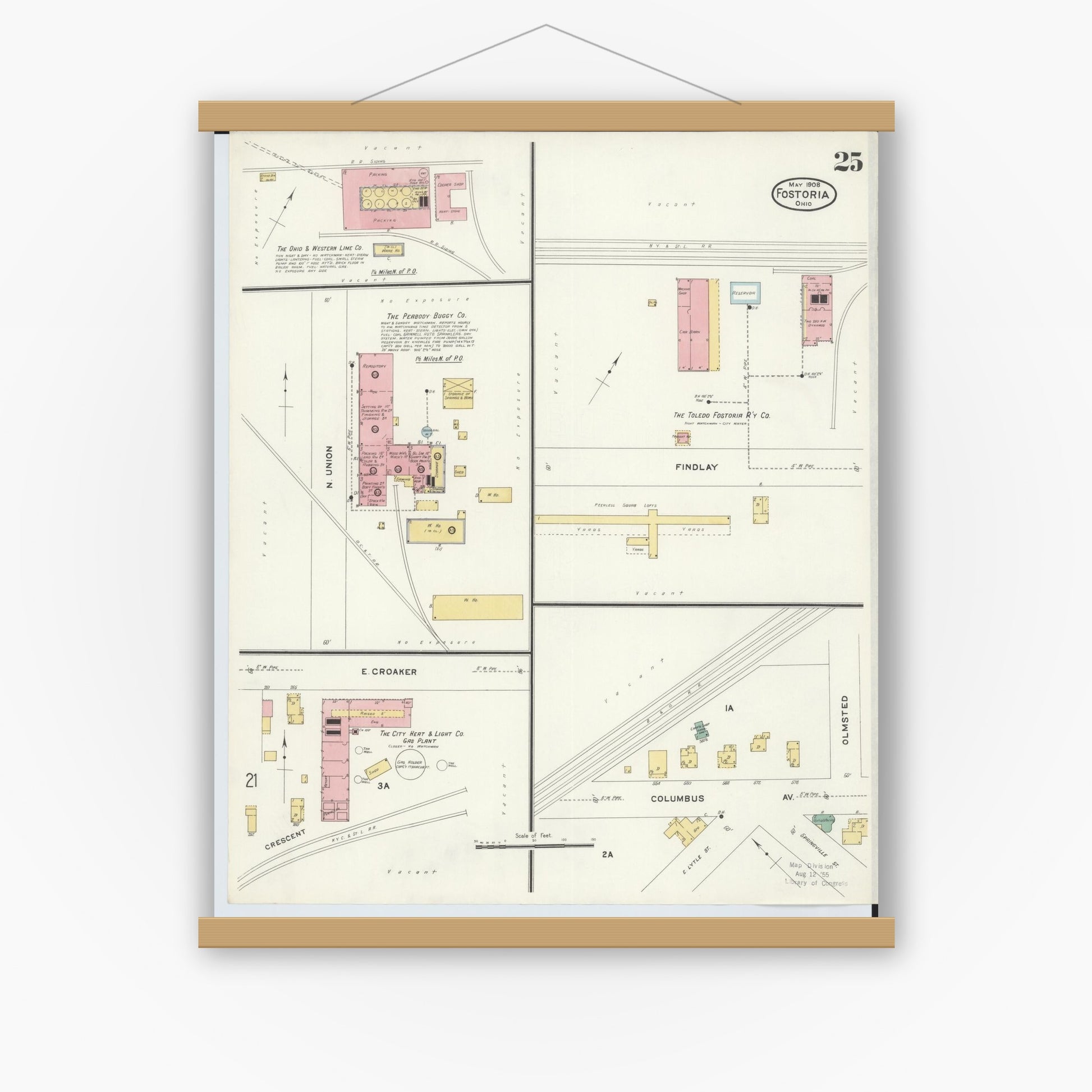 Old map wall art mockup — magnetic wood frame on white wall — Sanborn Fire Insurance Map from Fostoria, Seneca, Hancock, And Wood Counties, Ohio (1908), Sheet #0025