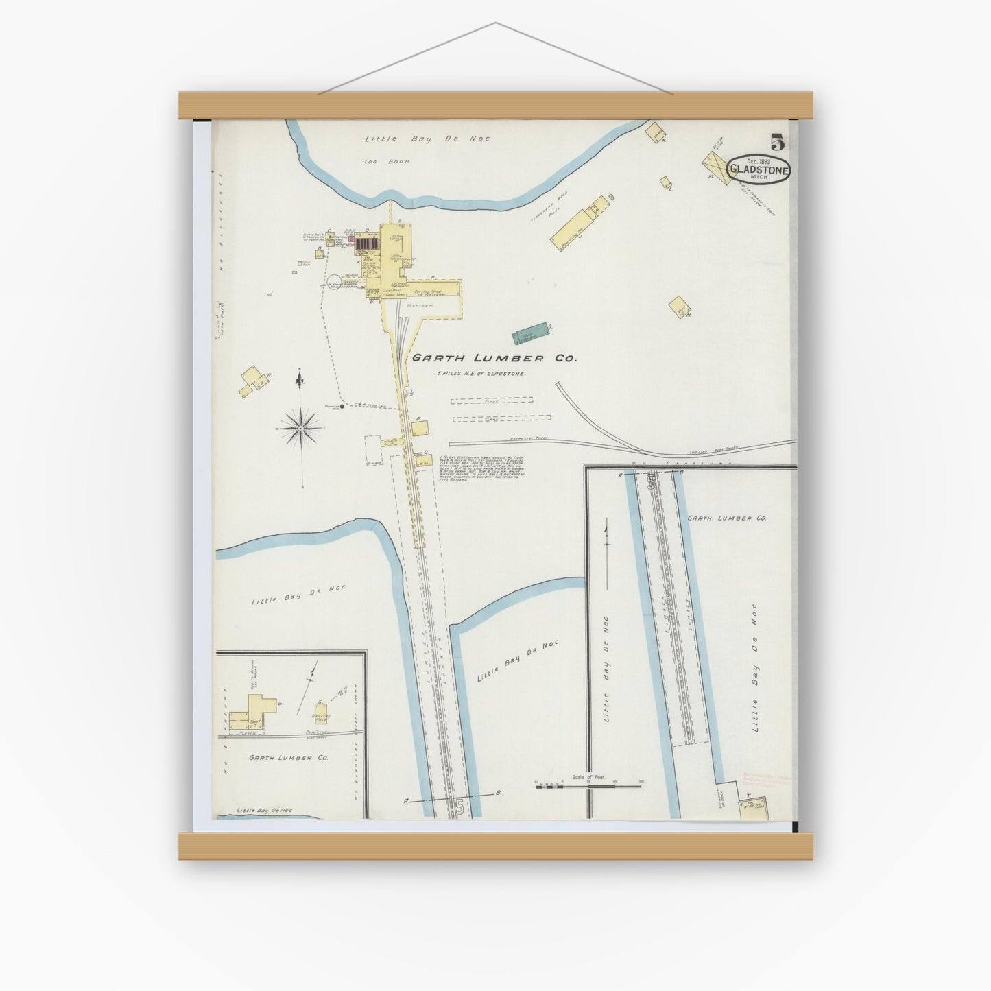 Old map wall art mockup — magnetic wood frame on white wall — Sanborn Fire Insurance Map from Gladstone, Delta County, Michigan (1893), Sheet #0005