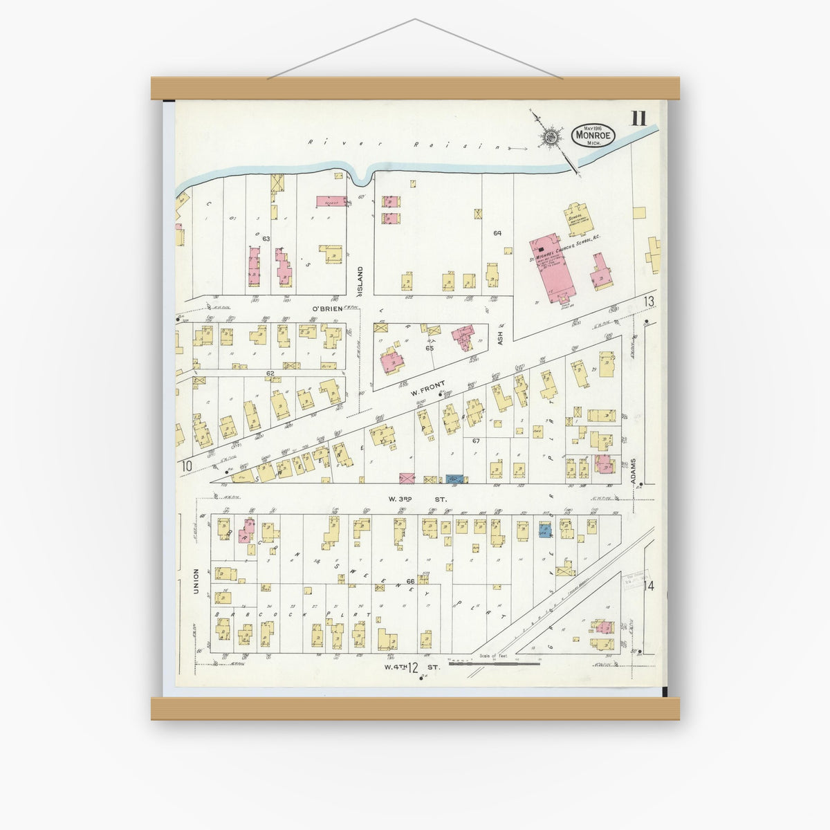 Old map wall art mockup — magnetic wood frame on white wall — Sanborn Fire Insurance Map from Monroe, Monroe County, Michigan (1916), Sheet #0011