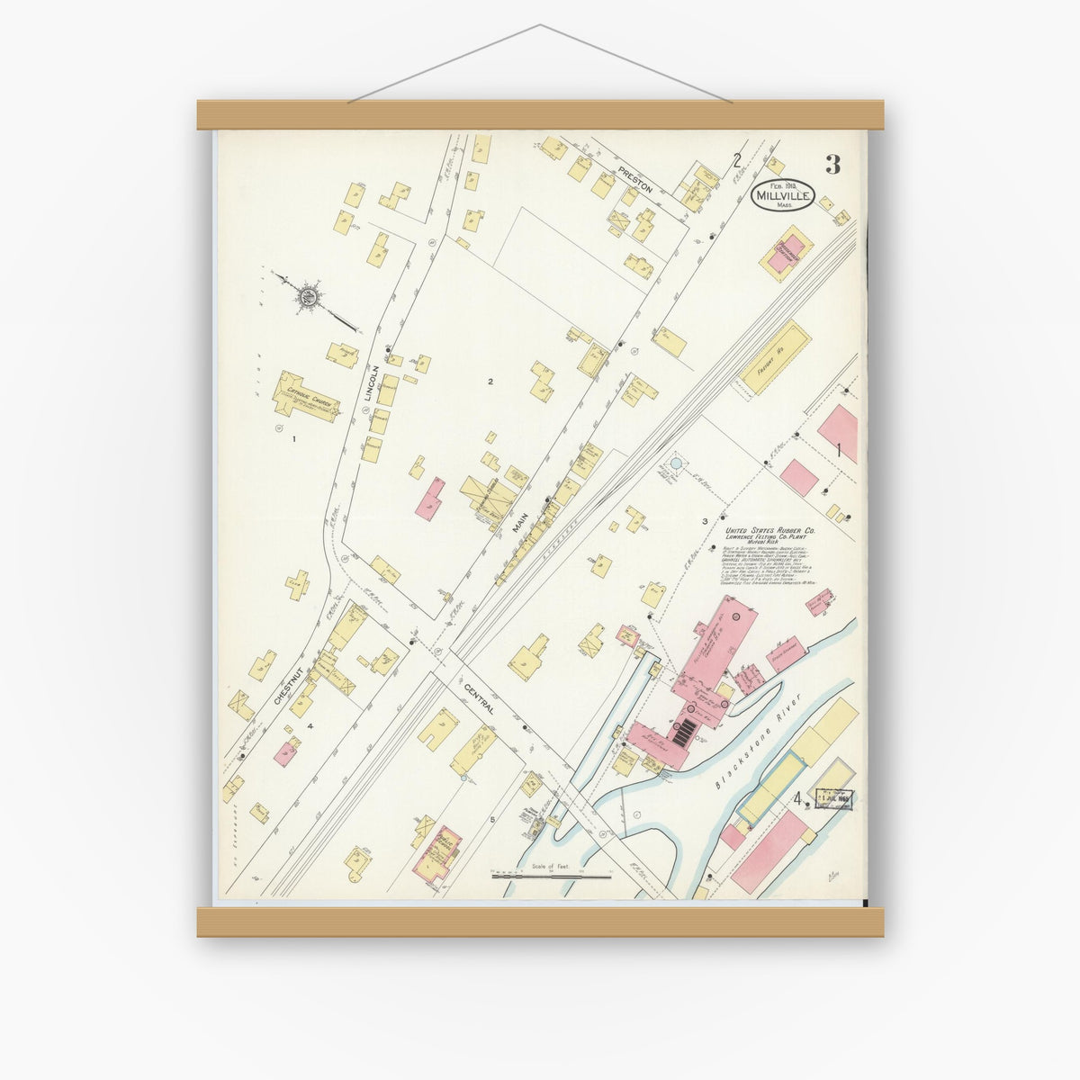 Old map wall art mockup — magnetic wood frame on white wall — Sanborn Fire Insurance Map from Millville, Worcester County, Massachusetts (1913), Sheet #0003