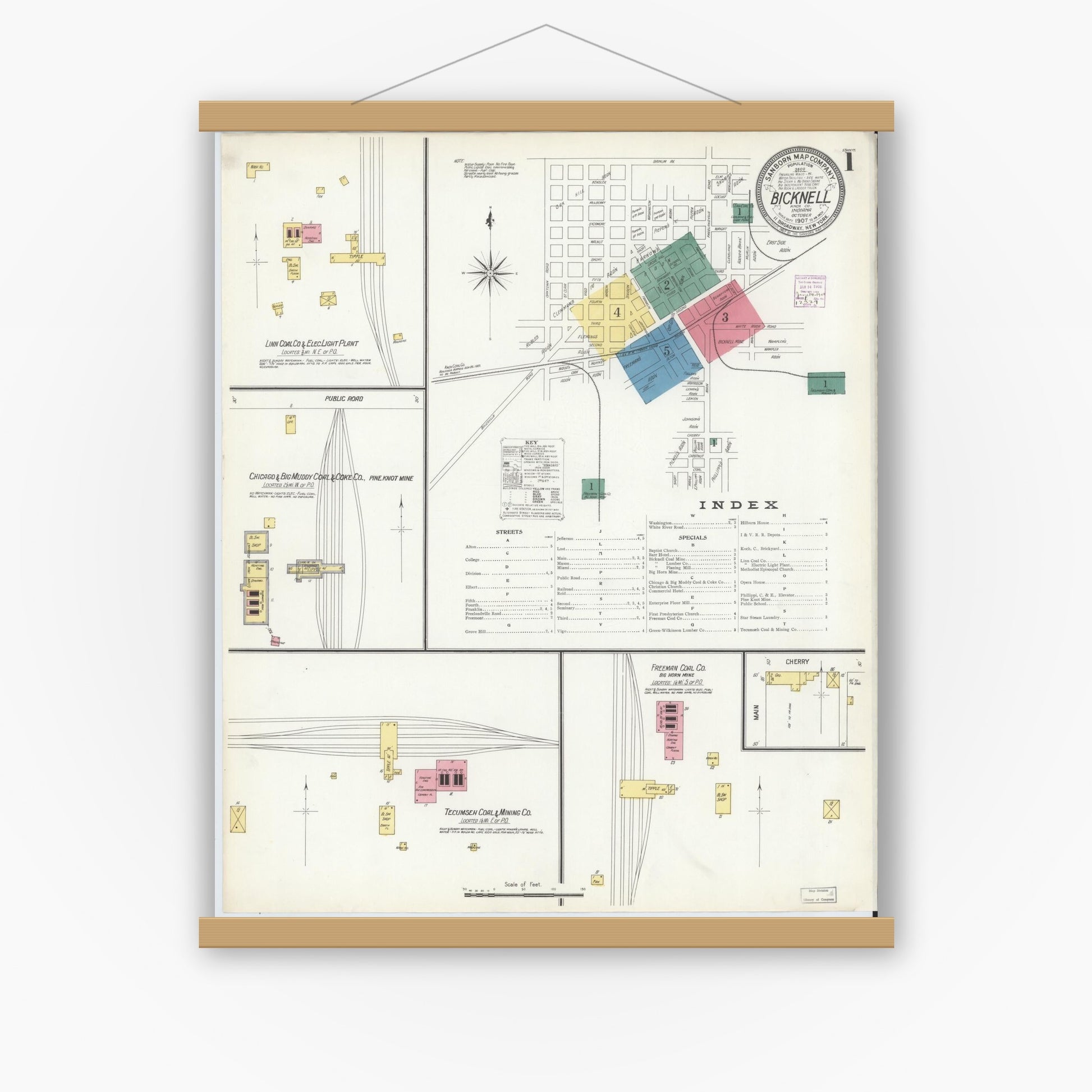 Old map wall art mockup — magnetic wood frame on white wall — Sanborn Fire Insurance Map from Bicknell, Knox County, Indiana (1907) - Complete Map Set