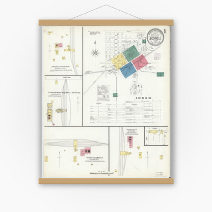 Old map wall art mockup — magnetic wood frame on white wall — Sanborn Fire Insurance Map from Bicknell, Knox County, Indiana (1907) - Complete Map Set