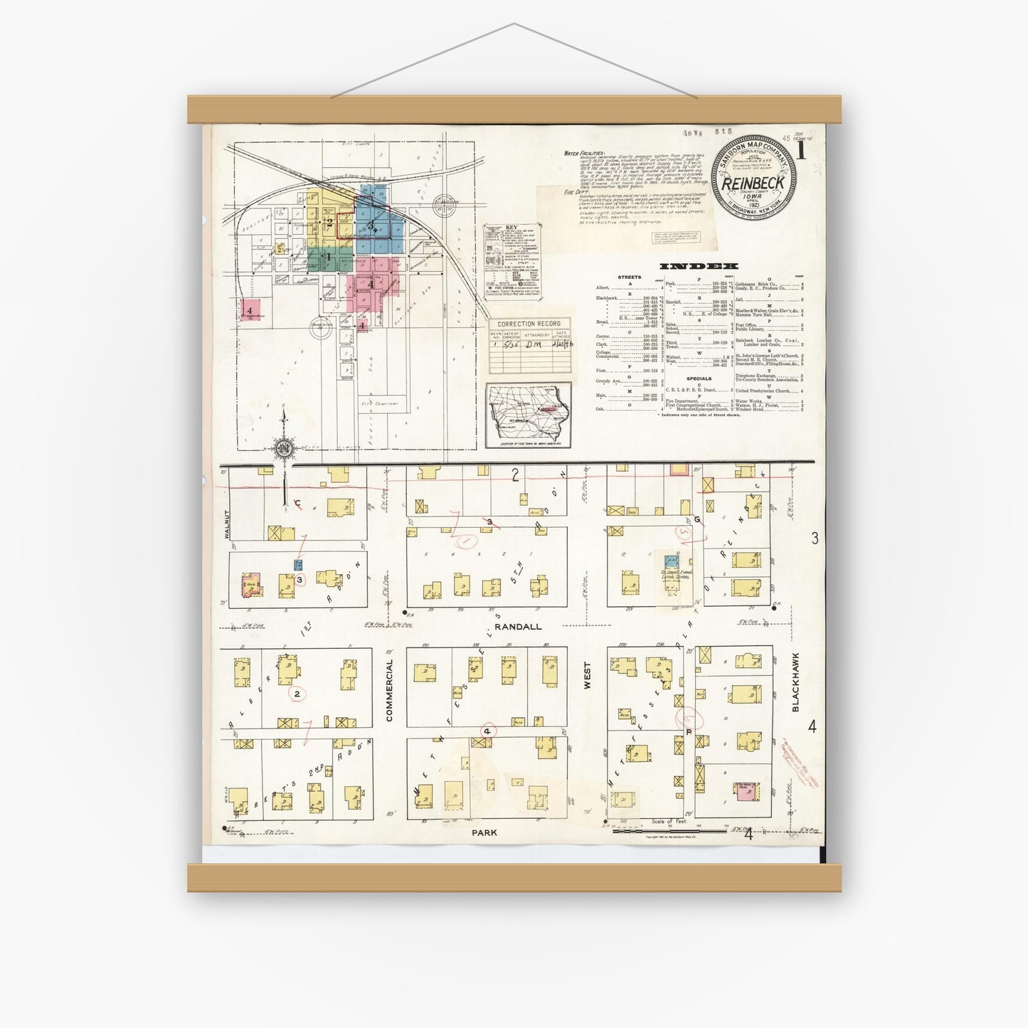Old map wall art mockup — magnetic wood frame on white wall — Sanborn Fire Insurance Map from Reinbeck, Grundy County, Iowa (1935), Sheet #0001