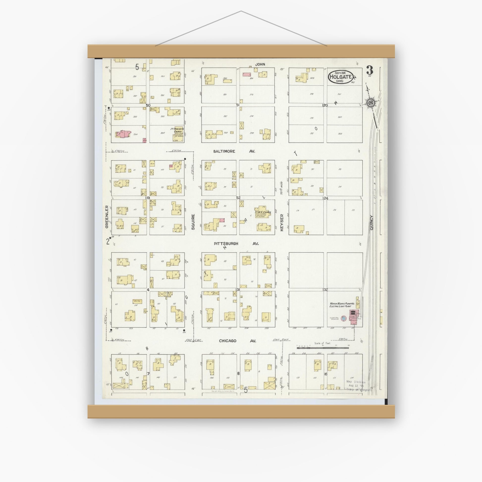 Old map wall art mockup — magnetic wood frame on white wall — Sanborn Fire Insurance Map from Holgate, Henry County, Ohio (1916), Sheet #0003
