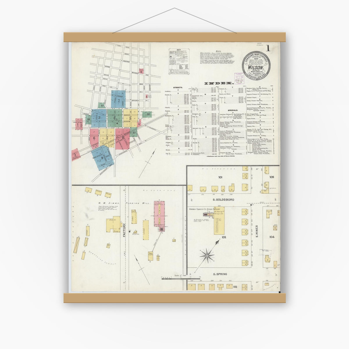Old map wall art mockup — magnetic wood frame on white wall — Sanborn Fire Insurance Map from Wilson, Wilson County, North Carolina (1903), Sheet #0001