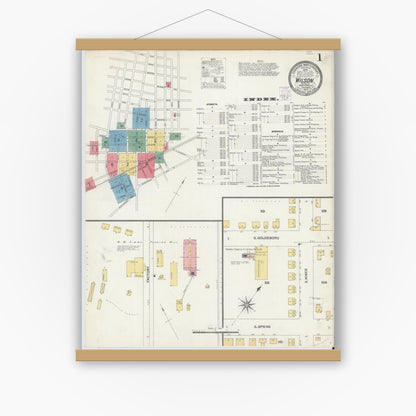 Old map wall art mockup — magnetic wood frame on white wall — Sanborn Fire Insurance Map from Wilson, Wilson County, North Carolina (1903), Sheet #0001