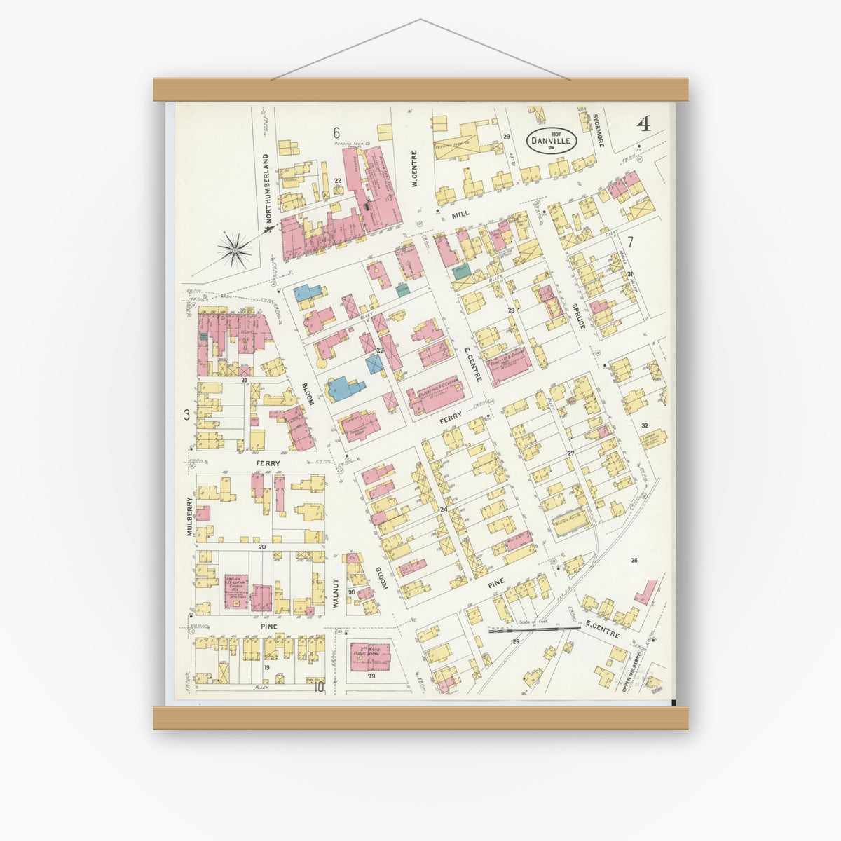 Old map wall art mockup — magnetic wood frame on white wall — Sanborn Fire Insurance Map from Danville, Montour County, Pennsylvania (1907), Sheet #0004