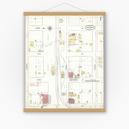 Old map wall art mockup — magnetic wood frame on white wall — Sanborn Fire Insurance Map from Ontario, San Bernardino County, California (1895), Sheet #0007