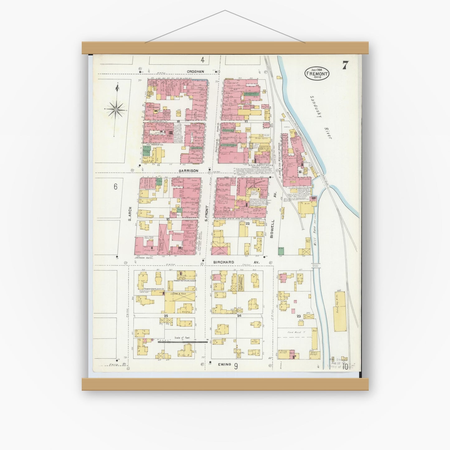 Old map wall art mockup — magnetic wood frame on white wall — Sanborn Fire Insurance Map from Fremont, Sandusky County, Ohio (1904), Sheet #0007