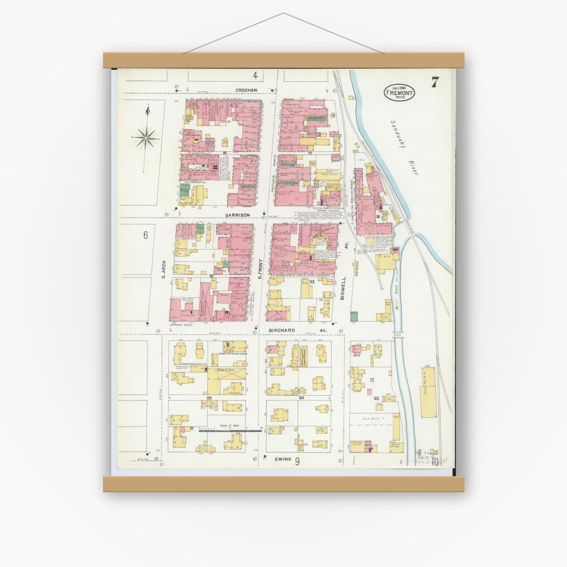 Old map wall art mockup — magnetic wood frame on white wall — Sanborn Fire Insurance Map from Fremont, Sandusky County, Ohio (1904), Sheet #0007
