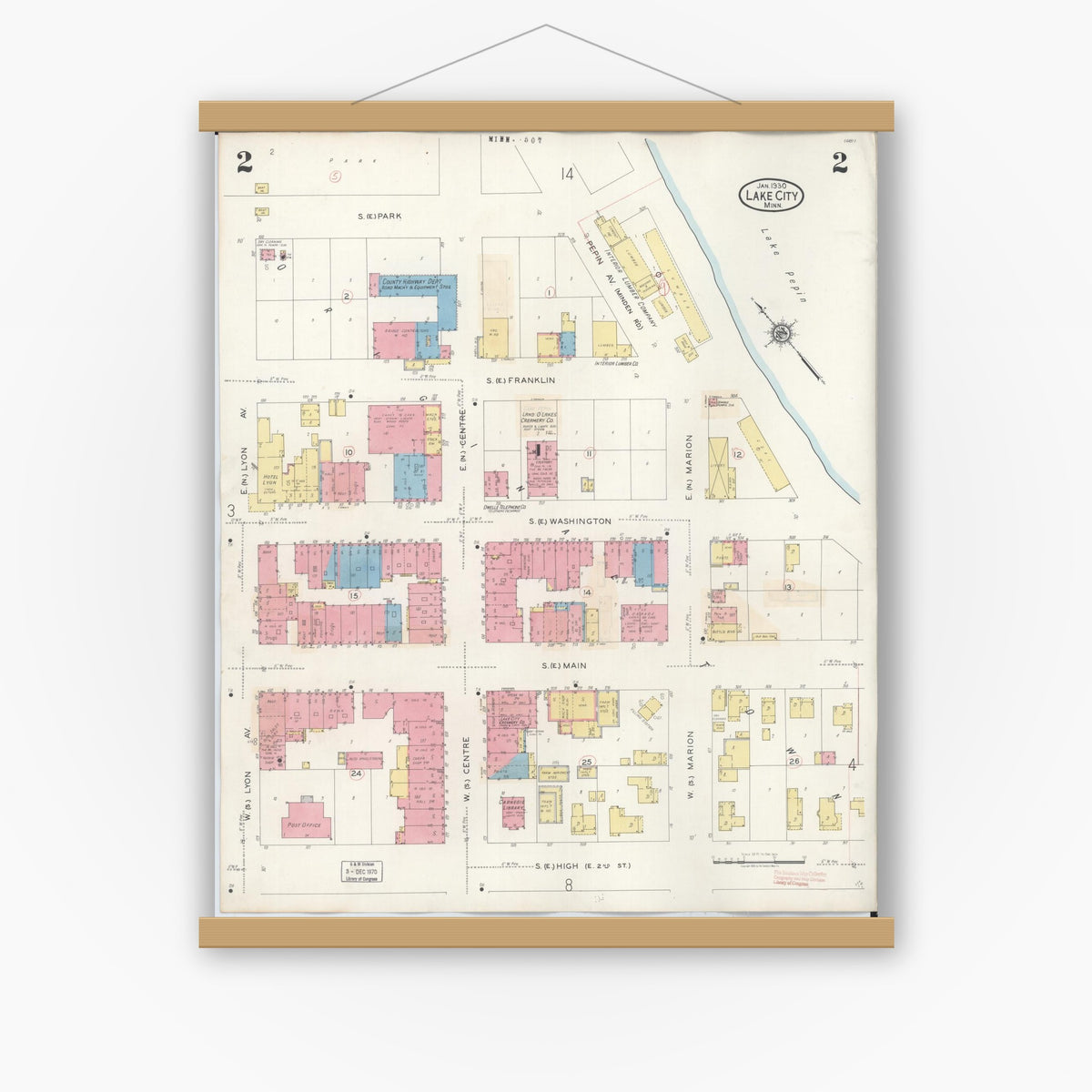 Old map wall art mockup — magnetic wood frame on white wall — Sanborn Fire Insurance Map from Lake City, Wabasha County, Minnesota (1938), Sheet #0002