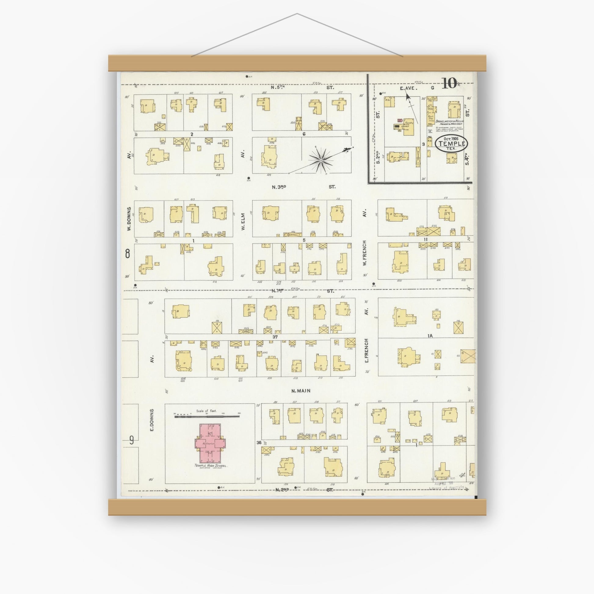 Old map wall art mockup — magnetic wood frame on white wall — Sanborn Fire Insurance Map from Temple, Bell County, Texas (1905), Sheet #0010